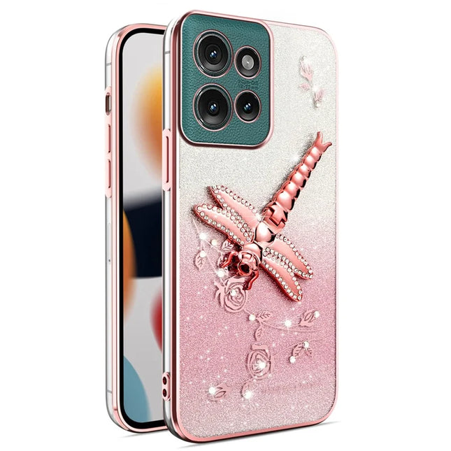 KADEM For Motorola Edge 50 5G Case Dragonfly Kickstand TPU Flowers Glitter Phone Cover - Pink