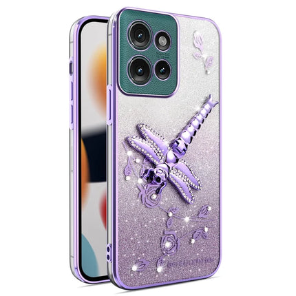 KADEM For Motorola Edge 50 5G Case Dragonfly Kickstand TPU Flowers Glitter Phone Cover - Purple