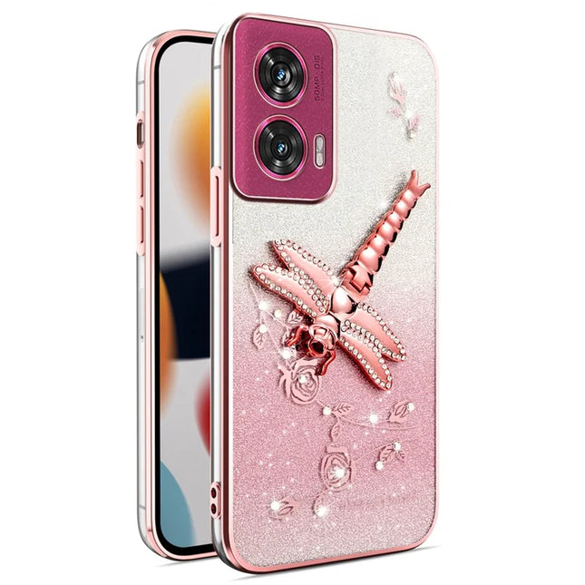 KADEM For Motorola Edge 50 Fusion 5G Case Dragonfly Kickstand TPU Flowers Glitter Phone Cover - Pink