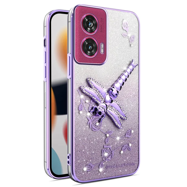 KADEM For Motorola Edge 50 Fusion 5G Case Dragonfly Kickstand TPU Flowers Glitter Phone Cover - Purple