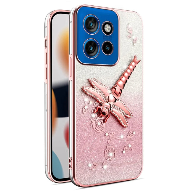 KADEM For Motorola Edge 50 Neo 5G / Moto S50 5G / Thinkphone 25 5G Case Dragonfly Kickstand TPU Flowers Glitter Phone Cover - Pink