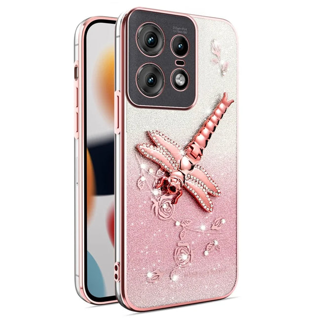 KADEM For Motorola Edge 50 Pro 5G Case Dragonfly Kickstand TPU Flowers Glitter Phone Cover - Pink