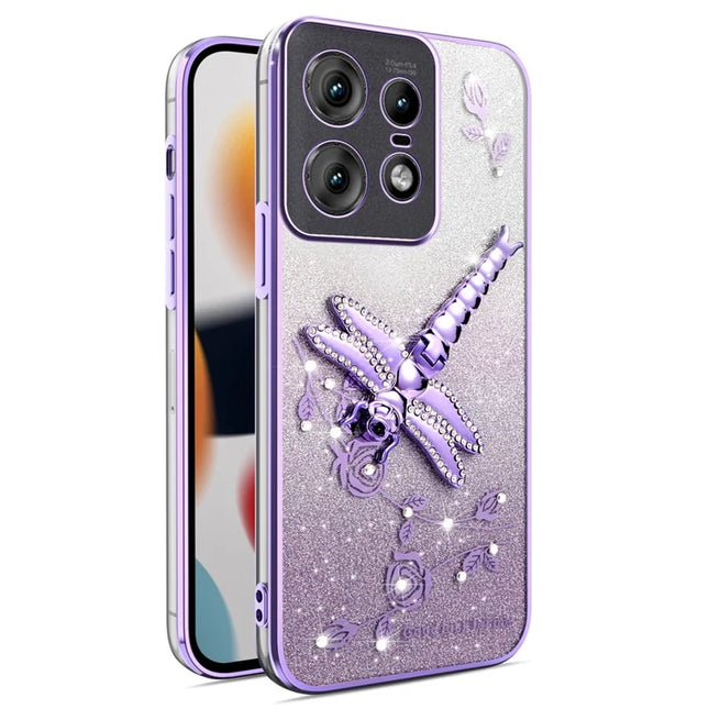 KADEM For Motorola Edge 50 Pro 5G Case Dragonfly Kickstand TPU Flowers Glitter Phone Cover - Purple