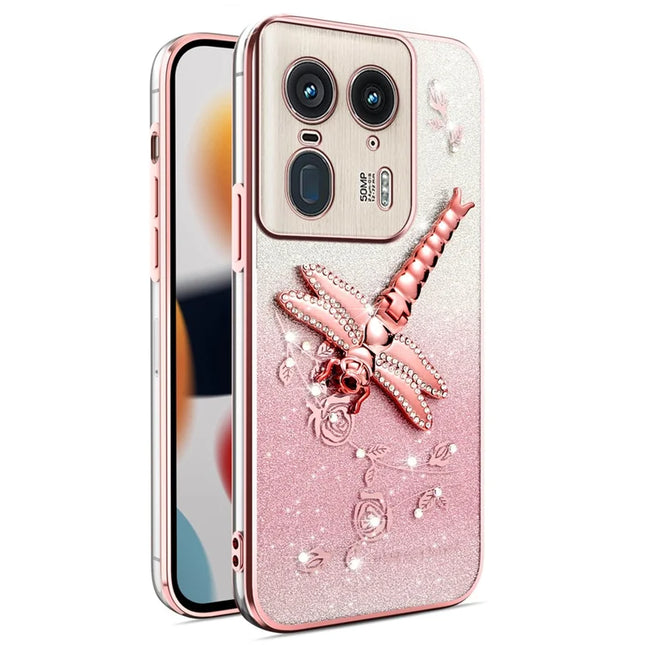KADEM For Motorola Moto X50 Ultra 5G / Edge 50 Ultra 5G Case Dragonfly Kickstand TPU Flowers Glitter Phone Cover - Pink