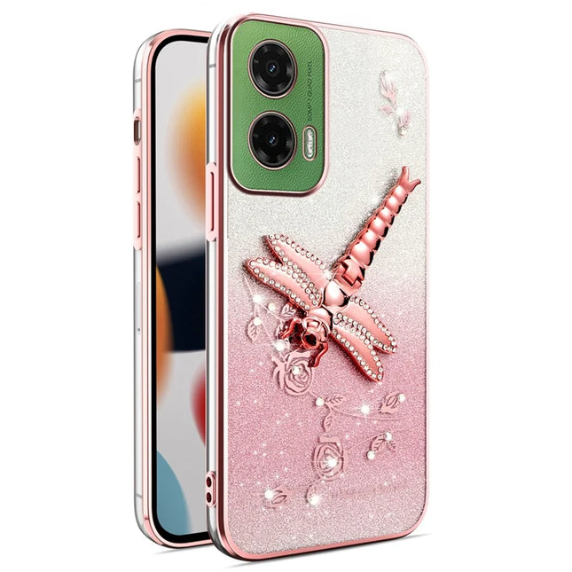 KADEM Case For Motorola Moto G45 5G / G35 5G / G34 5GDragonfly Kickstand TPU Flowers Glitter Phone Cover - Pink