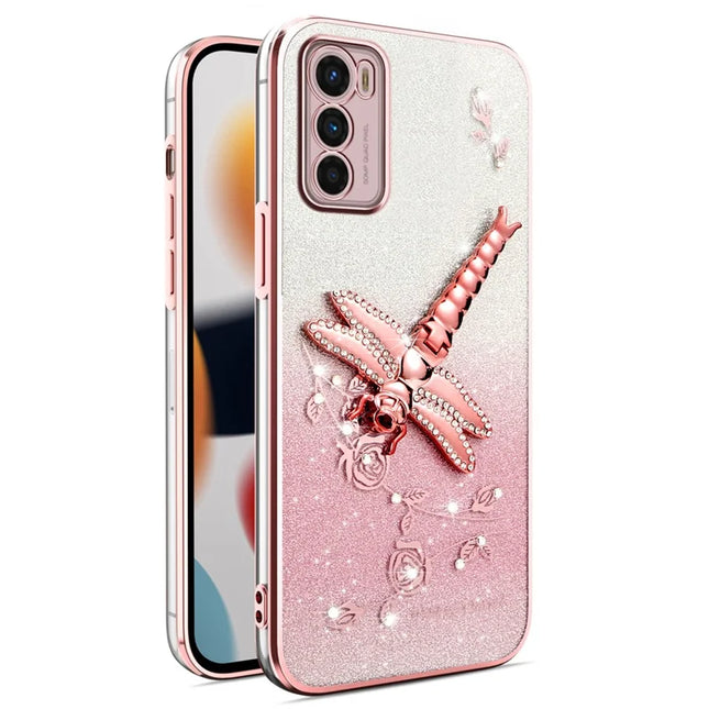 KADEM For Motorola Moto G42 4G Case Dragonfly Kickstand TPU Flowers Glitter Phone Cover - Pink