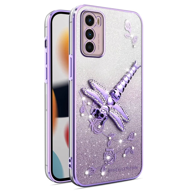 KADEM For Motorola Moto G42 4G Case Dragonfly Kickstand TPU Flowers Glitter Phone Cover - Purple