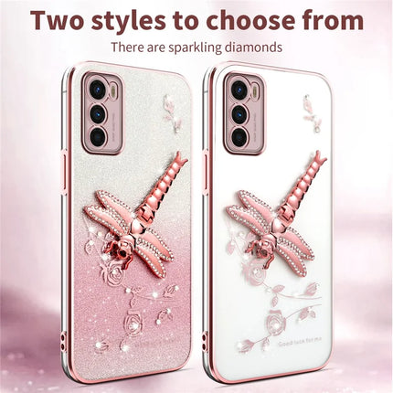 KADEM For Motorola Moto G42 4G Case Dragonfly Kickstand TPU Flowers Glitter Phone Cover