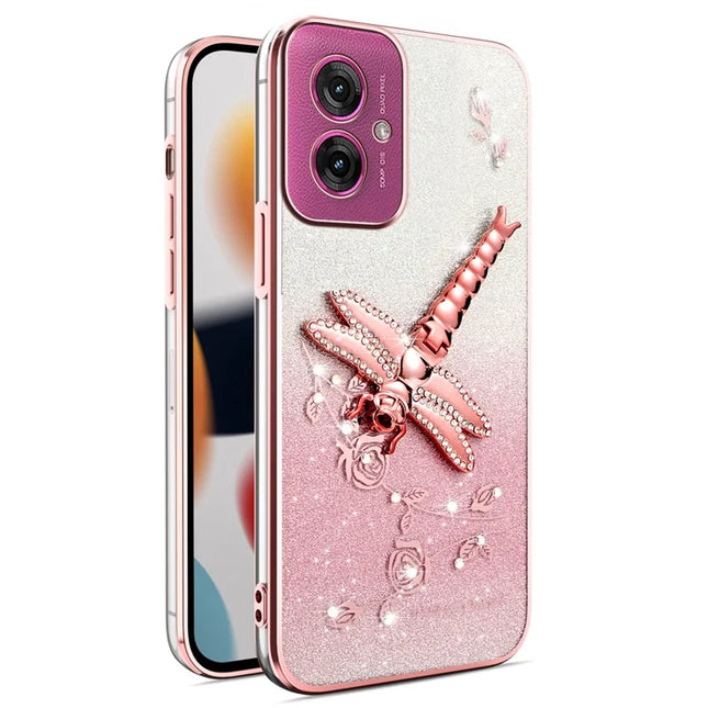 KADEM For Motorola Moto G55 5G Case Dragonfly Kickstand TPU Flowers Glitter Phone Cover - Pink