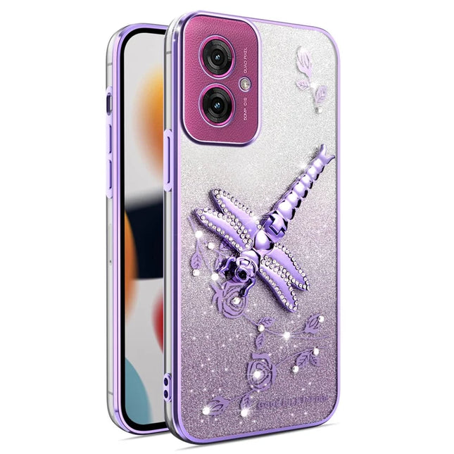 KADEM For Motorola Moto G55 5G Case Dragonfly Kickstand TPU Flowers Glitter Phone Cover - Purple