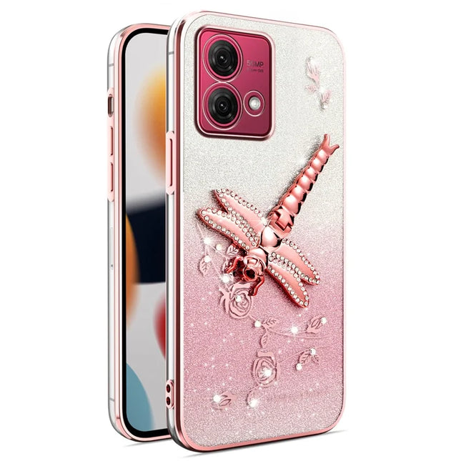 KADEM For Motorola Moto G84 5G Case Dragonfly Kickstand TPU Flowers Glitter Phone Cover - Pink