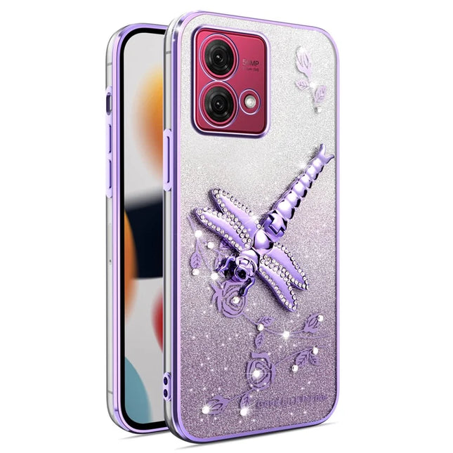 KADEM For Motorola Moto G84 5G Case Dragonfly Kickstand TPU Flowers Glitter Phone Cover - Purple