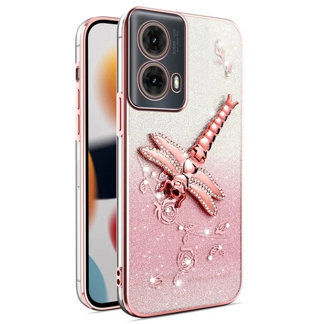 KADEM For Motorola Moto G85 5G / S50 Neo 5G Case Dragonfly Kickstand TPU Flowers Glitter Phone Cover - Pink