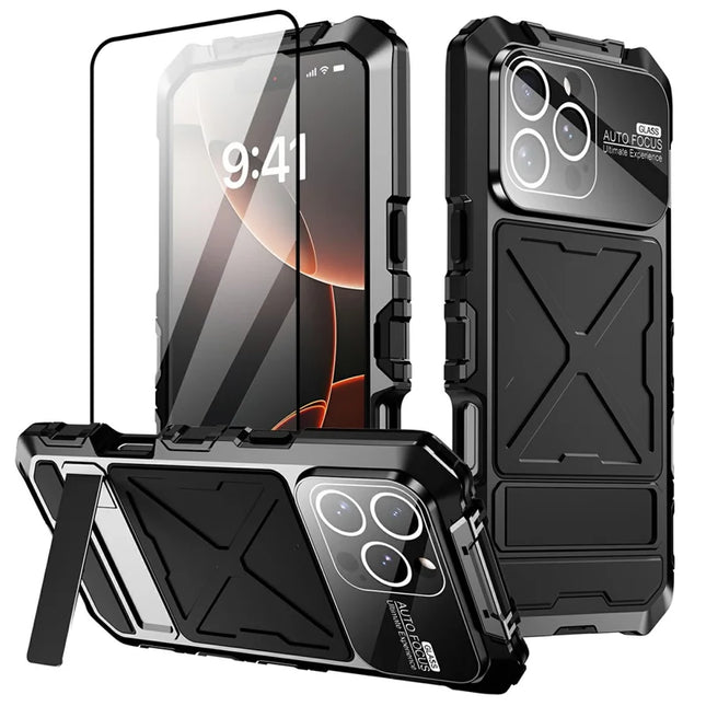 For iPhone 16 Pro Case Silicone + Metal Kickstand Anti Drop Three-Layer Protection Cover - Black