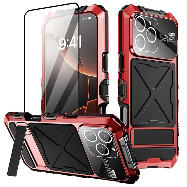For iPhone 16 Pro Max Case Silicone + Metal Kickstand Anti Drop Three-Layer Protection Cover - Red