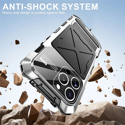 For iPhone 16 Pro Max Case Silicone + Metal Kickstand Anti Drop Three-Layer Protection Cover