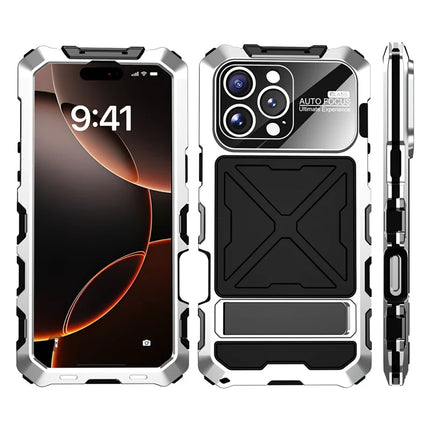 For iPhone 16 Pro Max Case Silicone + Metal Kickstand Anti Drop Three-Layer Protection Cover