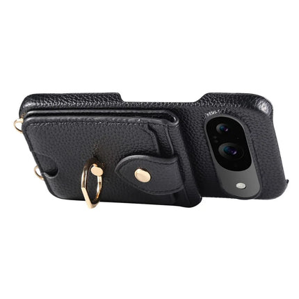 For Google Pixel 9 Case with Card Holder, Shoulder Strap PC+TPU Ring Kickstand Phone Back Cover
