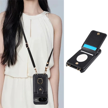 For Google Pixel 9 Case with Card Holder, Shoulder Strap PC+TPU Ring Kickstand Phone Back Cover
