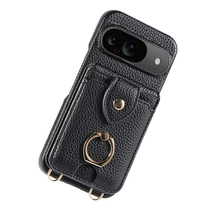 For Google Pixel 9 Case with Card Holder, Shoulder Strap PC+TPU Ring Kickstand Phone Back Cover