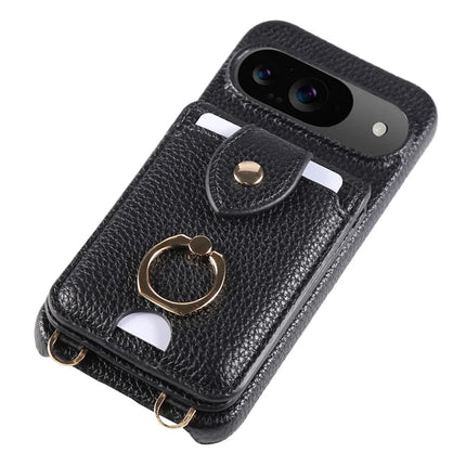 For Google Pixel 9 Case with Card Holder, Shoulder Strap PC+TPU Ring Kickstand Phone Back Cover