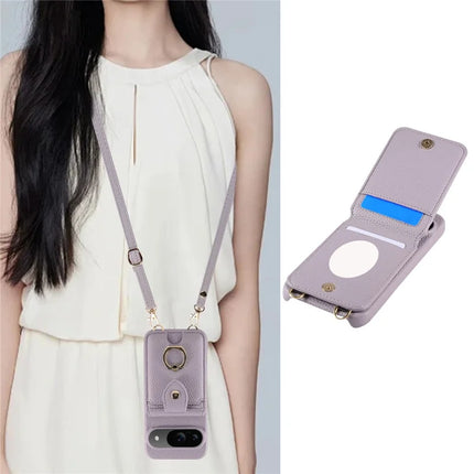 For Google Pixel 9 Case with Card Holder, Shoulder Strap PC+TPU Ring Kickstand Phone Back Cover