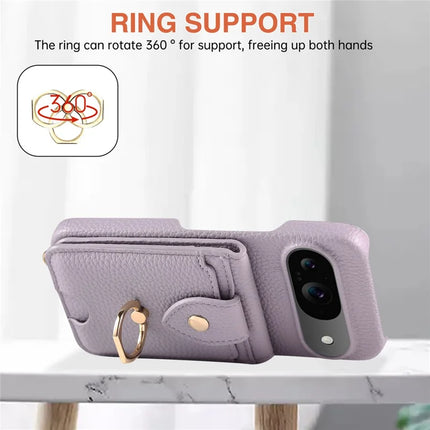 For Google Pixel 9 Case with Card Holder, Shoulder Strap PC+TPU Ring Kickstand Phone Back Cover