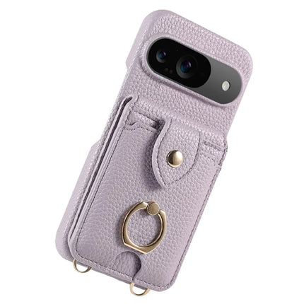 For Google Pixel 9 Case with Card Holder, Shoulder Strap PC+TPU Ring Kickstand Phone Back Cover