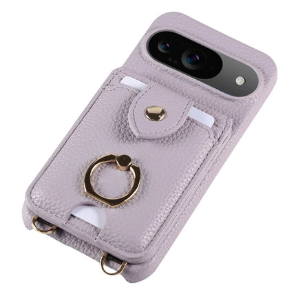 For Google Pixel 9 Case with Card Holder, Shoulder Strap PC+TPU Ring Kickstand Phone Back Cover