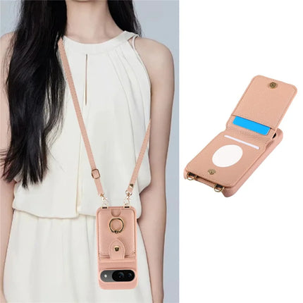 For Google Pixel 9 Case with Card Holder, Shoulder Strap PC+TPU Ring Kickstand Phone Back Cover