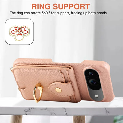 For Google Pixel 9 Case with Card Holder, Shoulder Strap PC+TPU Ring Kickstand Phone Back Cover