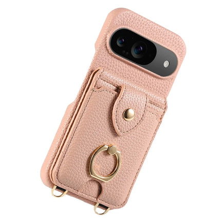 For Google Pixel 9 Case with Card Holder, Shoulder Strap PC+TPU Ring Kickstand Phone Back Cover