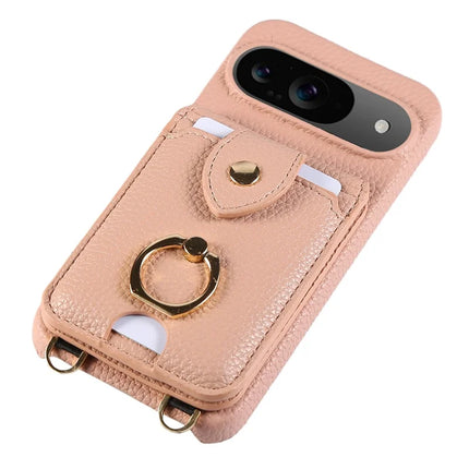 For Google Pixel 9 Case with Card Holder, Shoulder Strap PC+TPU Ring Kickstand Phone Back Cover