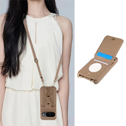 For Google Pixel 9 Case with Card Holder, Shoulder Strap PC+TPU Ring Kickstand Phone Back Cover