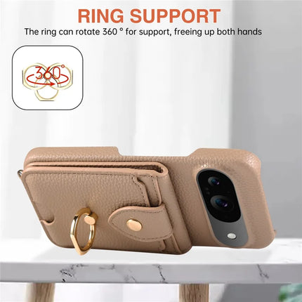For Google Pixel 9 Case with Card Holder, Shoulder Strap PC+TPU Ring Kickstand Phone Back Cover