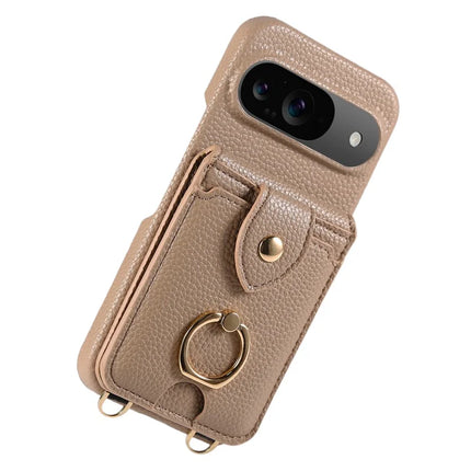 For Google Pixel 9 Case with Card Holder, Shoulder Strap PC+TPU Ring Kickstand Phone Back Cover