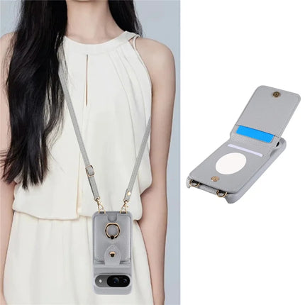 For Google Pixel 9 Case with Card Holder, Shoulder Strap PC+TPU Ring Kickstand Phone Back Cover