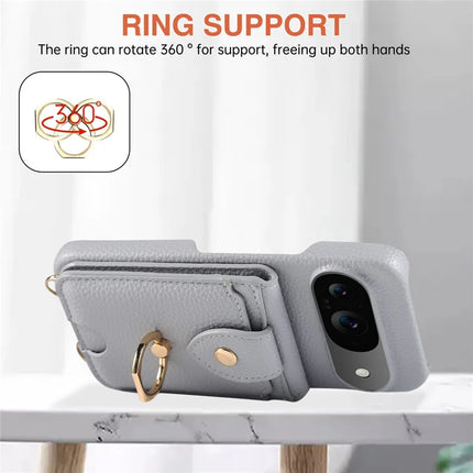 For Google Pixel 9 Case with Card Holder, Shoulder Strap PC+TPU Ring Kickstand Phone Back Cover