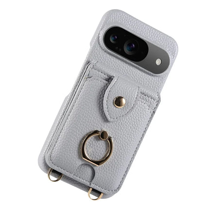 For Google Pixel 9 Case with Card Holder, Shoulder Strap PC+TPU Ring Kickstand Phone Back Cover