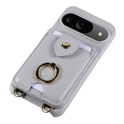 For Google Pixel 9 Case with Card Holder, Shoulder Strap PC+TPU Ring Kickstand Phone Back Cover