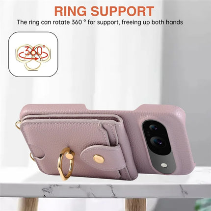 For Google Pixel 9 Case with Card Holder, Shoulder Strap PC+TPU Ring Kickstand Phone Back Cover