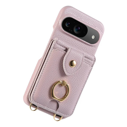 For Google Pixel 9 Case with Card Holder, Shoulder Strap PC+TPU Ring Kickstand Phone Back Cover