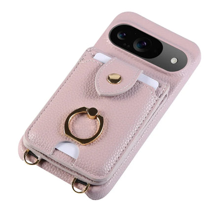 For Google Pixel 9 Case with Card Holder, Shoulder Strap PC+TPU Ring Kickstand Phone Back Cover