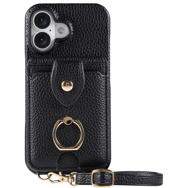 For iPhone 16 Plus Case with Card Holder, Shoulder Strap PC+TPU Ring Kickstand Phone Back Cover - Black