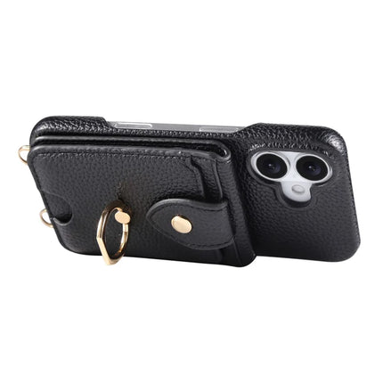 For iPhone 16 Plus Case with Card Holder, Shoulder Strap PC+TPU Ring Kickstand Phone Back Cover