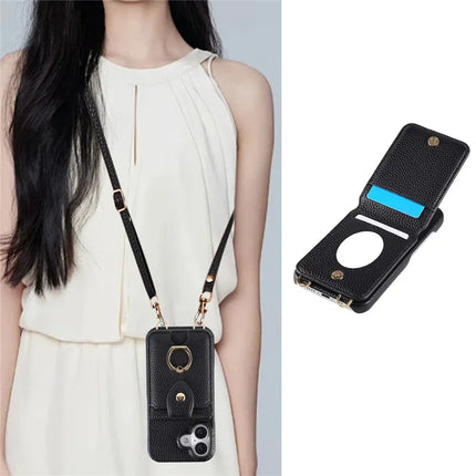 For iPhone 16 Plus Case with Card Holder, Shoulder Strap PC+TPU Ring Kickstand Phone Back Cover