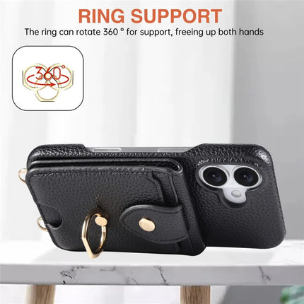 For iPhone 16 Plus Case with Card Holder, Shoulder Strap PC+TPU Ring Kickstand Phone Back Cover