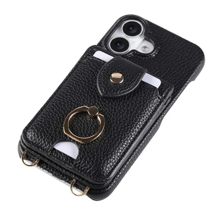 For iPhone 16 Plus Case with Card Holder, Shoulder Strap PC+TPU Ring Kickstand Phone Back Cover