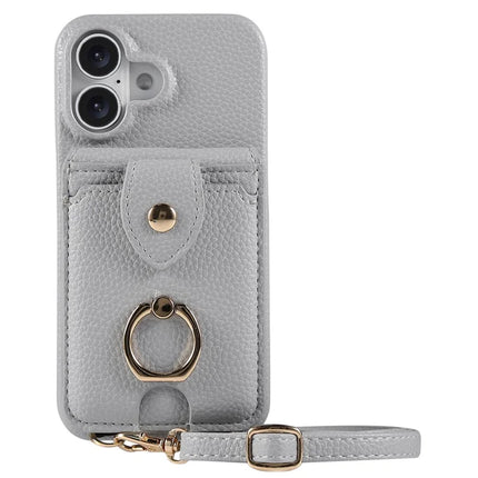For iPhone 16 Plus Case with Card Holder, Shoulder Strap PC+TPU Ring Kickstand Phone Back Cover - Grey Blue