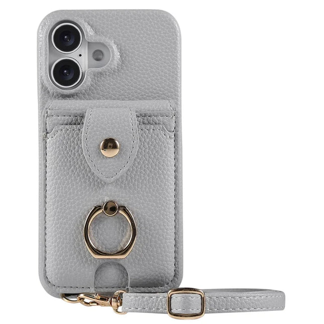For iPhone 16 Plus Case with Card Holder, Shoulder Strap PC+TPU Ring Kickstand Phone Back Cover - Grey Blue